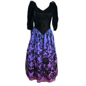 1980's Vtg Scott McClintock Sz 4 Black Velvet Purple Taffeta Dress‎ Puff Sleeves